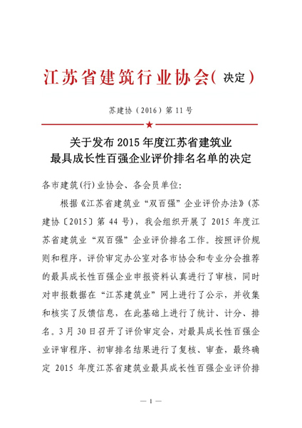 我公司榮獲2015年度江蘇省最具成長(zhǎng)性百?gòu)?qiáng)企業(yè)獎(jiǎng)