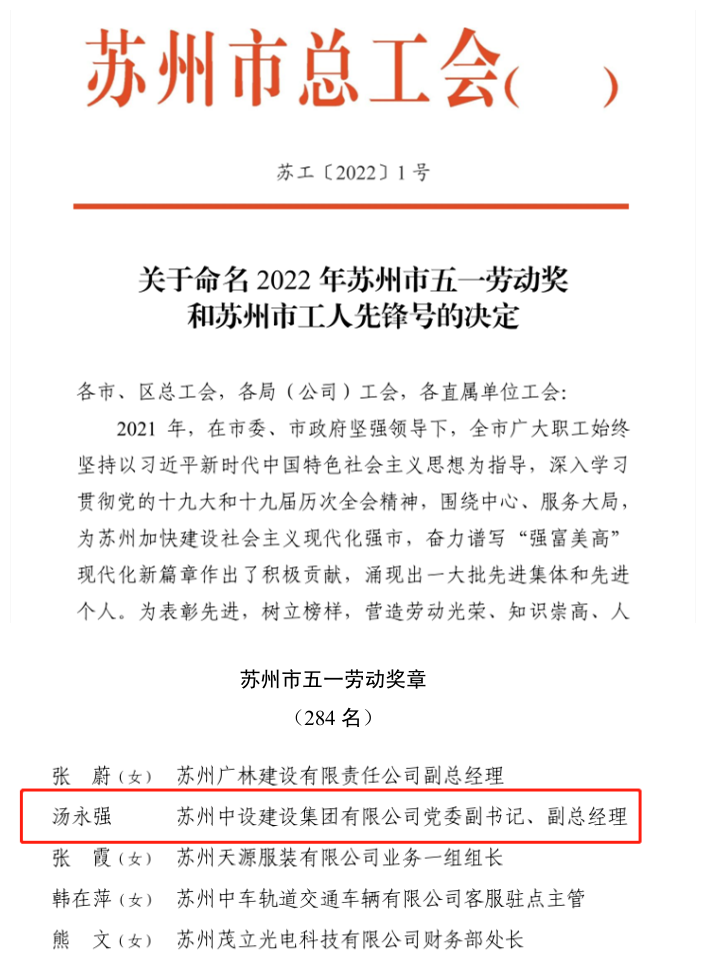 集團(tuán)黨委副書(shū)記、副總經(jīng)理湯永強(qiáng)獲得2022年蘇州市“五一勞動(dòng)獎(jiǎng)?wù)隆? title=